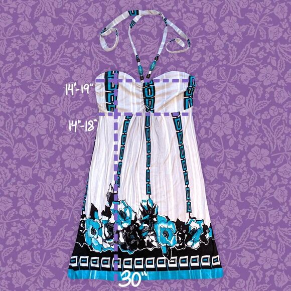 2000s Venus White and Blue Beachy Halter Dress with Wooden Bead Detail | Size M - Picture 7 of 7